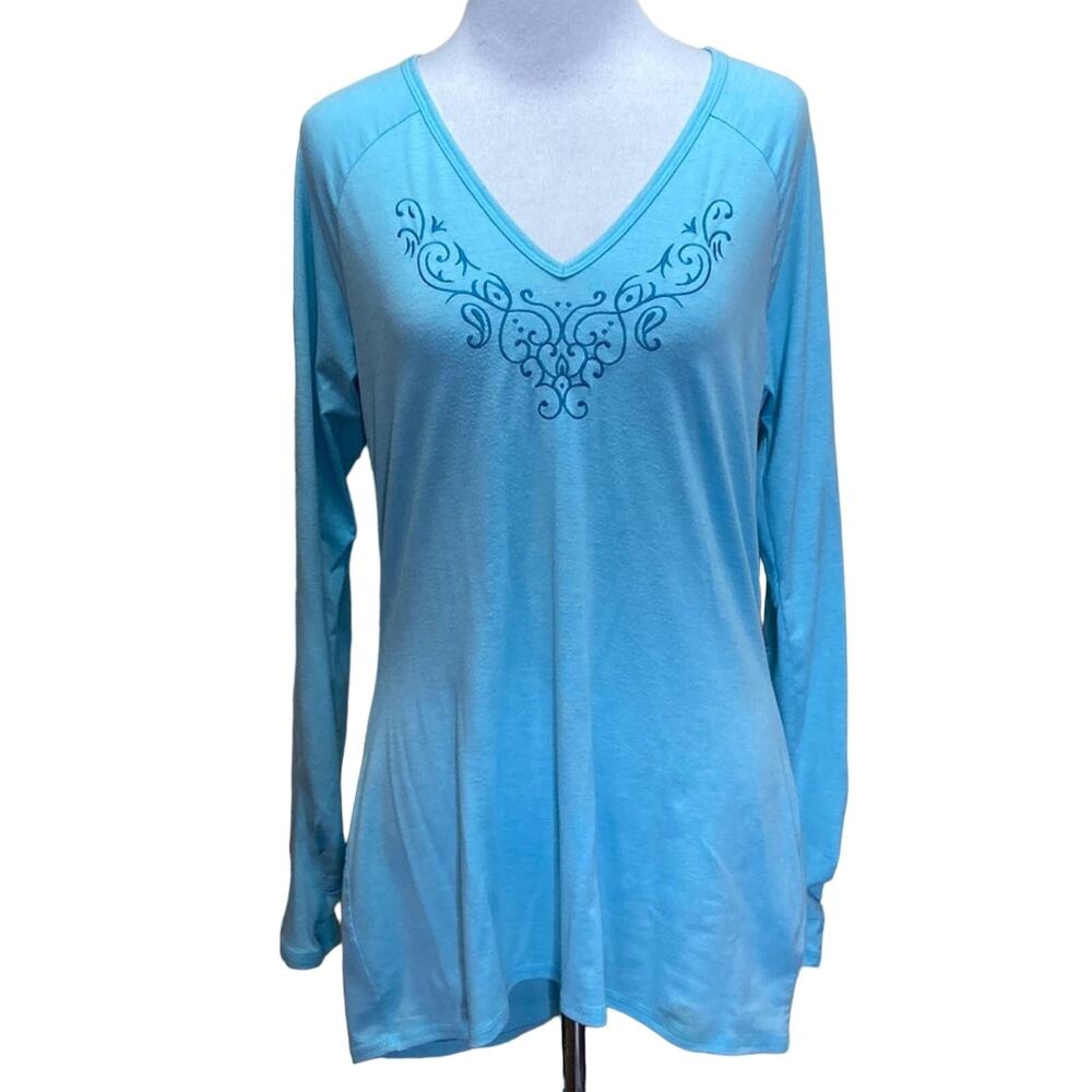 Athleta Blue Embroidery Long Sleeve V-Neck Blouse Size Medium